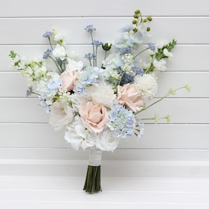 Dusty blue white blush pink bridal bouquet Wildflowers bouquet Pale blue wedding flowers Boho wedding Bouquet of peonies, hydrangeas, roses