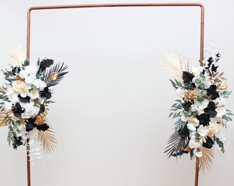 Black gold white arch arrangement Fall wedding Archway flowers Pergola flowers Wedding arch Fall wedding Orchid flowers arch Beach wedding