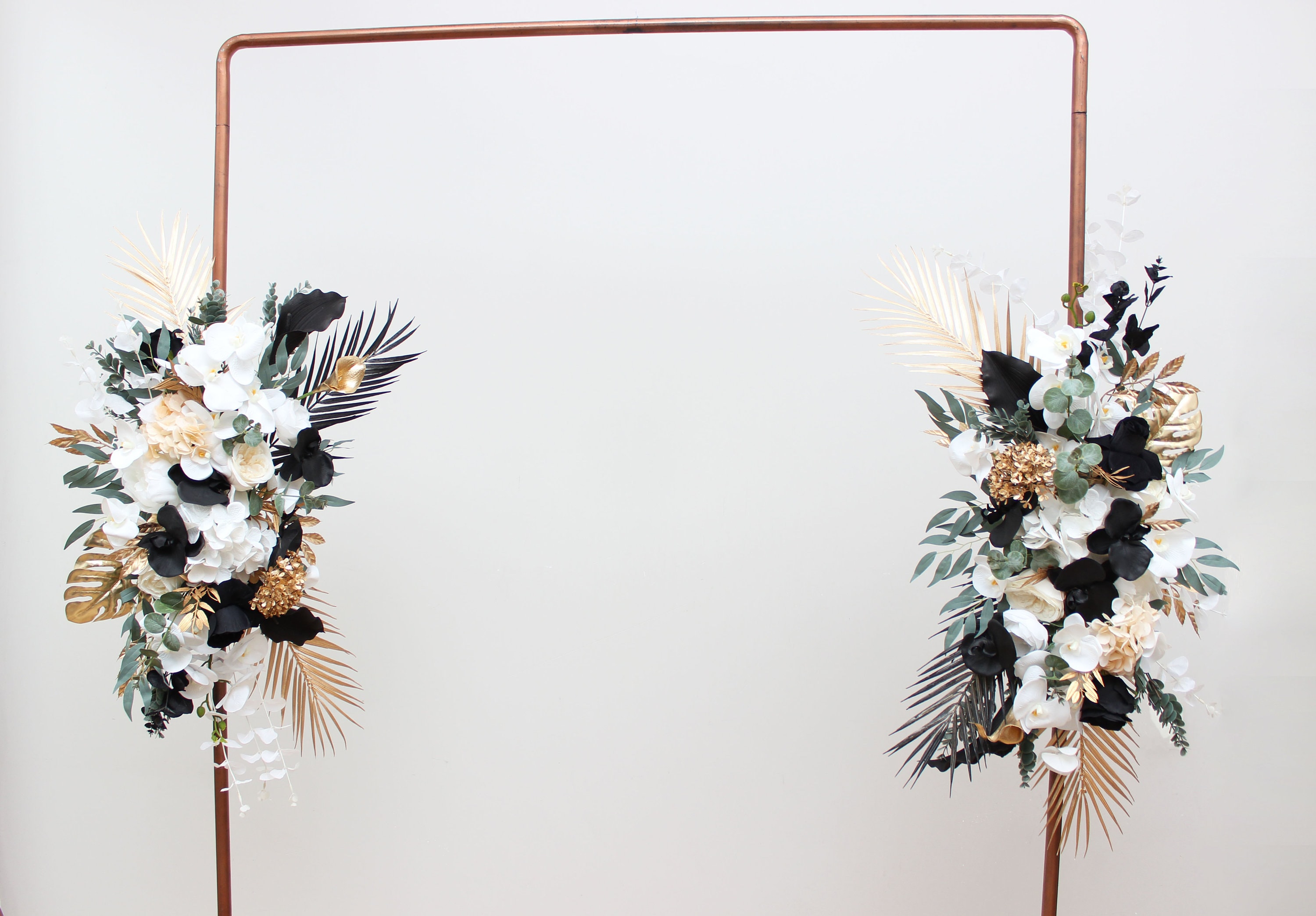 Black gold white arch arrangement Fall wedding Archway flowers Pergola flowers Wedding arch Fall wedding Orchid flowers arch Beach wedding