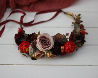 SALE! Flower crown Fall wedding  Floral headpiece Bridal flowers Burnt orange burgundy Hair flower wreath Maternity crown Bridesmaid crown