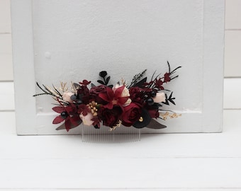 2-5 days to USA Halloween wedding Burgundy black gold beige flower comb Fall wedding Floral comb Burgundy comb - 0018