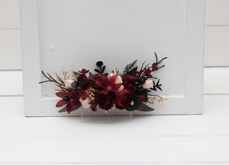 Halloween wedding Burgundy black gold beige flower comb Fall wedding Floral comb Burgundy comb 0018 Comb