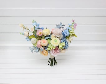 Colorful bridal bouquet Pink green cream yellow dusty blue bouquet Summer wedding Wildflowers bouquet Bridesmaid bouquet Bridal bouquet