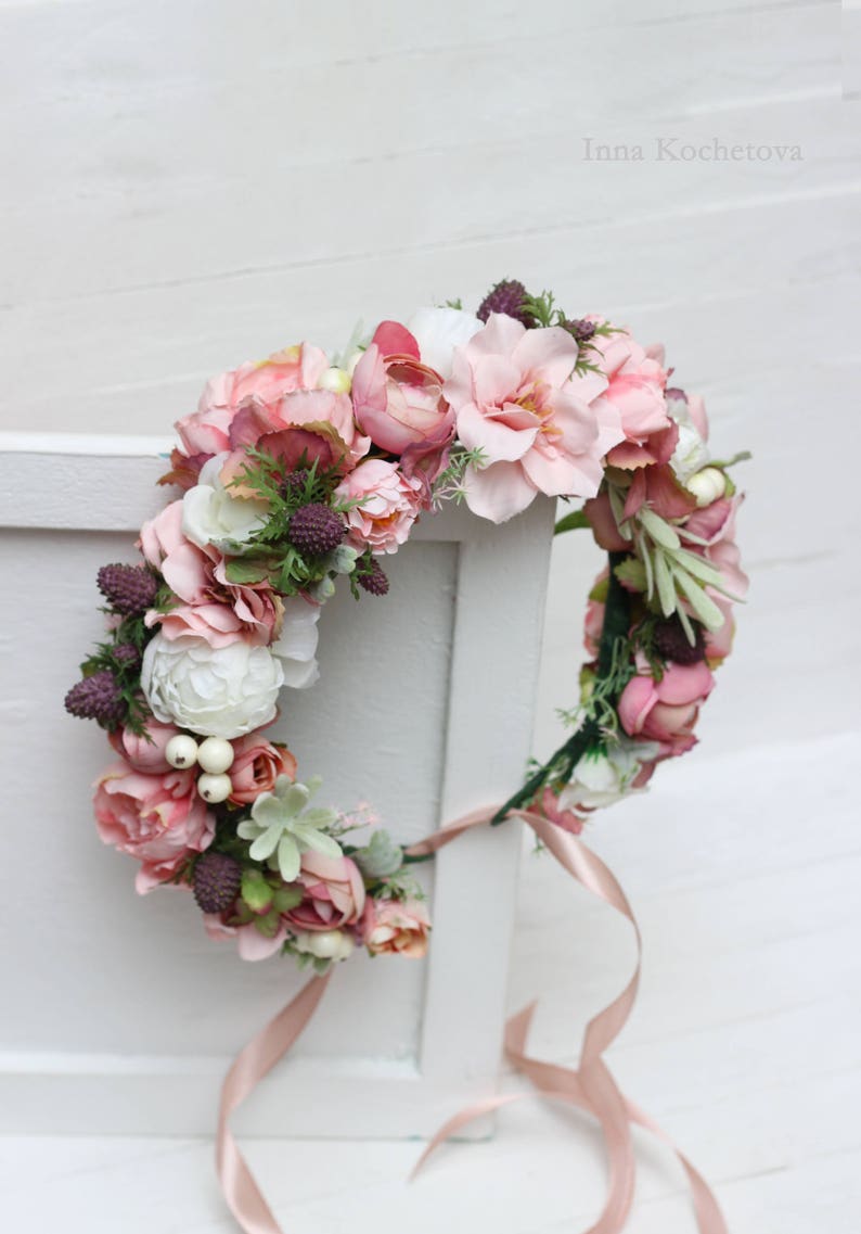 Pink white flower crown Peony rose floral crown Boho wedding Bridal headband Flower halo Bridesmaid hair wreath Floral headpiece