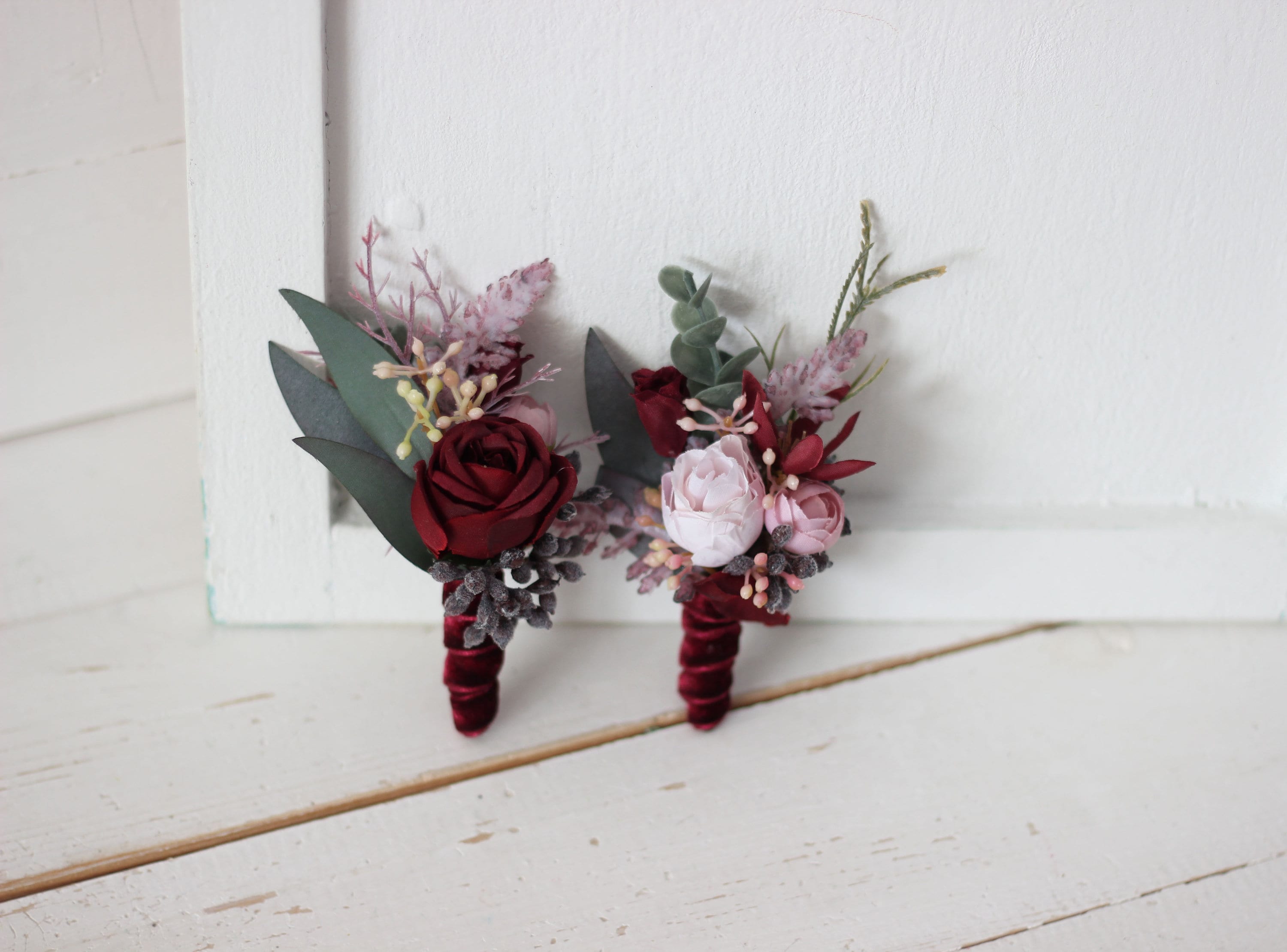 Boutonniere Burgundy Wedding - Pink Peonies Red Roses Accessories