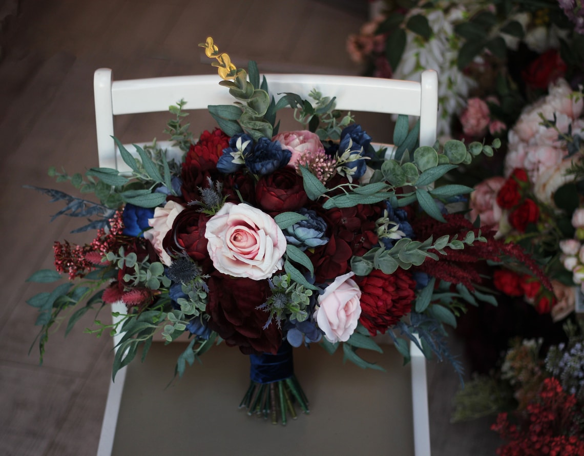 Burgundy navy blue blush pink flowers Bridal bouquet Faux Bridal bouquet large