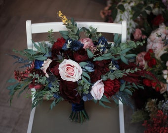 Burgundy navy blue blush pink flowers Bridal bouquet Faux bouquet Blue thistle Wedding silk flowers Boho wedding size 22 inch