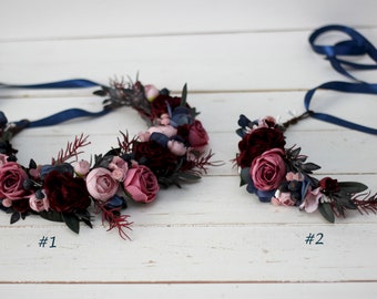 2-5 days to USA Navy blue burgundy flower crown Bridal headpiece Burgundy wedding Bridal hairpiece Bridesmaid crown Maternity-0006