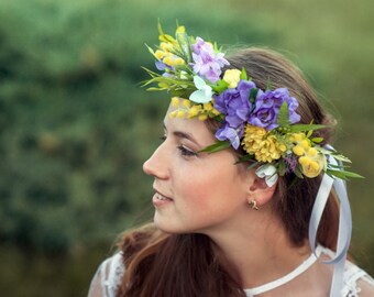 SALE! Floral crown Lilac yellow flower headpiece Bridal headband Wedding hair wreath Greenery crown Maternity crown Hair flowers  crown