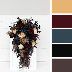 Cascading bouquet Dark teal burgundy black flowers Fall bridal bouquet Faux bouquet Fall wedding Halloween wedding  Boho wedding