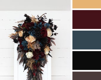 Cascading bouquet Dark teal burgundy black flowers Fall bridal bouquet Faux bouquet Fall wedding Halloween wedding  Boho wedding