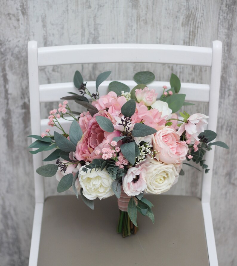 Round Blush Pink Eucalyptus Bridal Bouquet Faux Bouquet Etsy