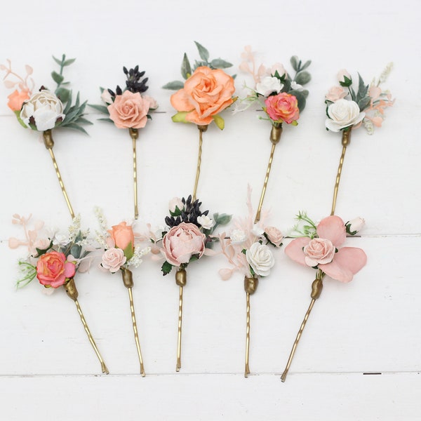 Set of  bobby pins Pink peach white flowers Fall wedding Hair accessories Bridal flowers Flower bobby pins  Hairpiece Bridesmaid