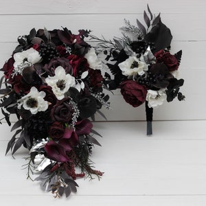 Cascading bouquet Deep purple black silver white anemone flowers Fall bridal bouquet Faux bouquet  Halloween wedding  Boho wedding