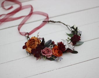 Burgundy Rust Dusty rose floral crown Flower wreath Wedding headpiece Burgundy wedding Bridal hairpiece Bridesmaid crown Maternity crown