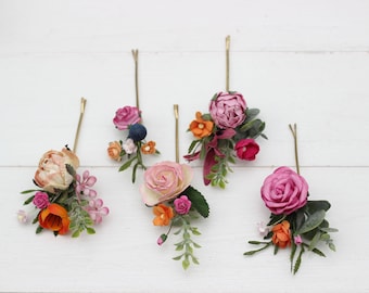 2-5 days to USA Set of 5 bobby pins Orange pink magenta wedding Flower hairpins Floral hairpins Hairpiece Bridesmaid Jewel tone wedding-0054