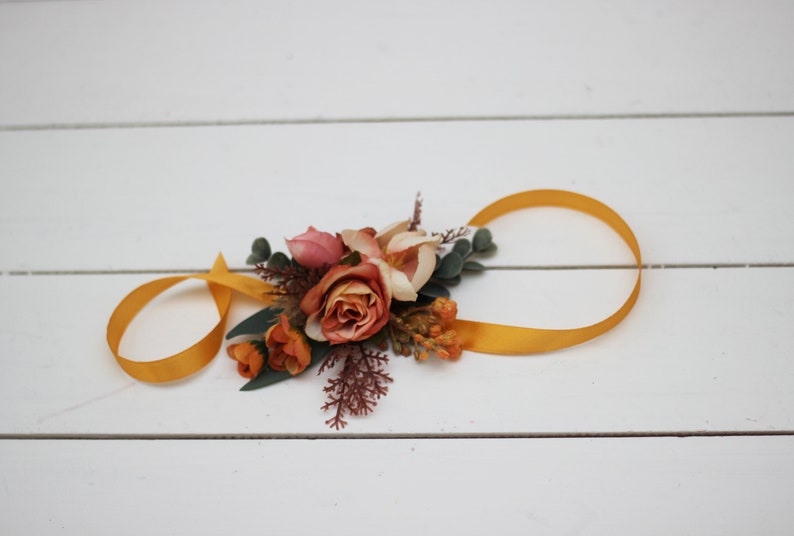 Boho bouquet Orange rust peach flowers Bridal bouquet Faux bouquet Fall wedding Silk flowers Boho wedding width 20 inch Corsage