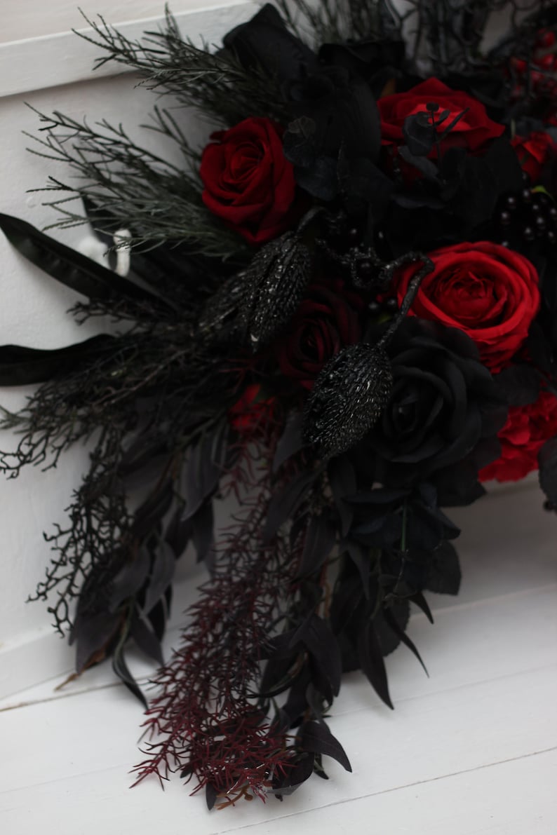 Halloween bouquet Red black flowers Fall bridal bouquet Faux Etsy
