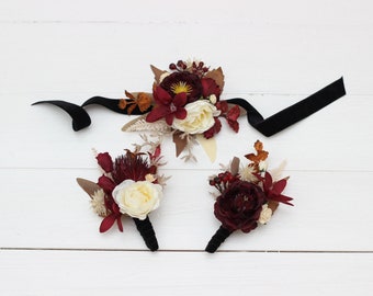 Burgundy ivory black  flowers  Fiance Groom Groomsmen buttonhole Mother wrist corsage Boho wedding accessories