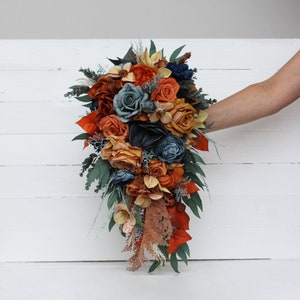 Cascading bouquet Dark teal rust bouquet Navy blue orange flowers Bridal bouquet Faux bouquet Fall wedding  Faux blooms Boho wedding