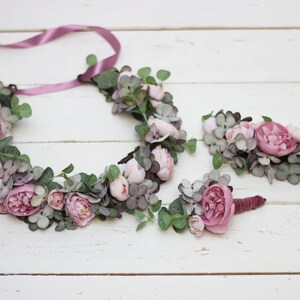 SALE! Boho wedding flower crown Blush pink gray eucalyptus floral headpice Bridal hair wreath