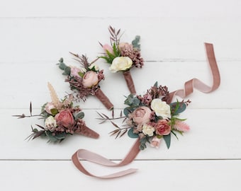 Dusty rose cream blush pink flowers Fiance Groom Groomsmen buttonhole Mother wrist corsage Boho wedding accessories
