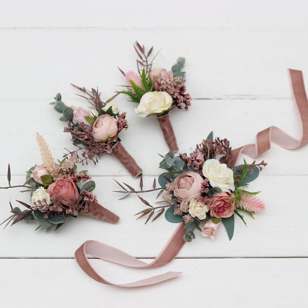 Dusty rose cream blush pink flowers Fiance Groom Groomsmen buttonhole Mother wrist corsage Boho wedding accessories
