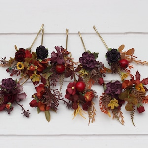 Set of 10 bobby pins  Burgundy orange purple flowers Fall wedding Hair accessories  Flower hair pins Floral hair pins Bridesmaid gift