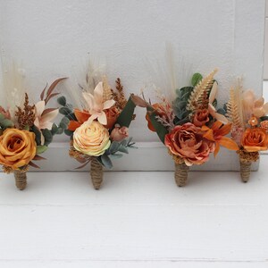 Cinnamon rust orange flowers Flower accessories Boutonniere Buttonhole Groom Groomsmen Fall wedding Wrist corsage