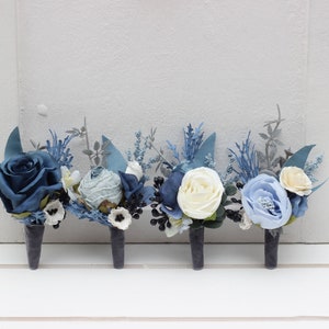 Dusty blue white ivory gray boutonniere  Dusty blue wedding accessories Men&#39;s boutonniere Groom Groomsmen buttonhole Wedding flowers Corsage