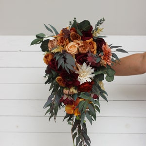 Cascading bouquet Fall  wedding bouquet Rust orange burgundy Orchid dahlia bouquet Faux bouquet Wedding flowers Boho wedding bouquet