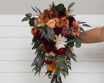 Cascading bouquet Fall  wedding bouquet Rust orange burgundy Orchid dahlia bouquet Faux bouquet Wedding flowers Boho wedding bouquet