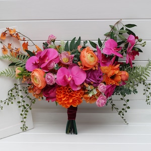 Jewel-tone wedding Green bright orange pink magenta flowers Bridal bouquet Faux bouquet Boho wedding Wedding flowers