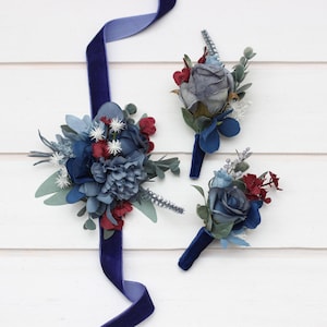 Dusty blue navy blue burgundy flower boutonniere Wrist mother corsage Groom Wedding accessories Burgundy wedding Sage green Groomsmen Fiance