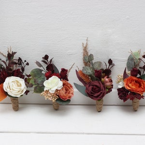 Boho flowers Rust burgundy ivory boutonnieres Flower accessories Boutonniere Buttonhole Wedding flowers Groom Groomsmen Fall