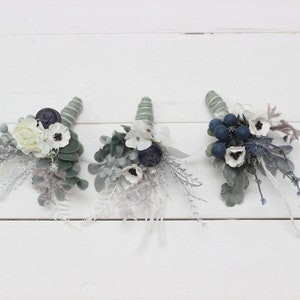 White anemone blueberry sage green flower accessories Boutonniere  Wrist corsage Groom Wedding accessories Winter wedding
