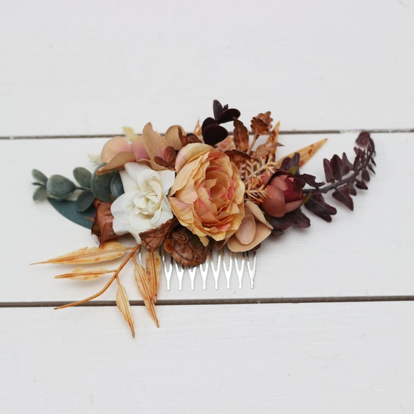 Rust brown ivory flowers  Fall wedding  Boho wedding Floral comb Headpiece Bridal flower clip flowers Hair comb wedding hair accessories