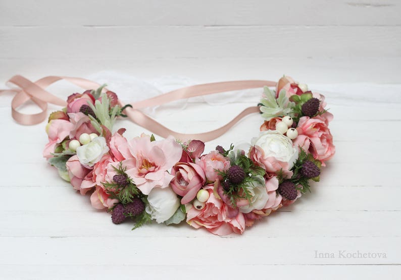 Pink white flower crown Peony rose floral crown Boho wedding Bridal headband Flower halo Bridesmaid hair wreath Floral headpiece