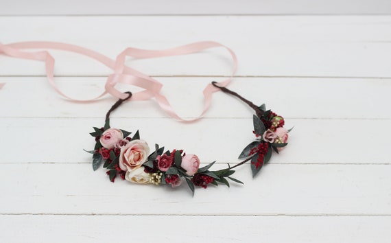 Blush Rose Fleur Bordeaux Couronne Fille Fleur Couronne Bordeaux Mariage Mariée Postiche Profond Bandeau Rouge Demoiselle Dhonneur Maternité Couronne