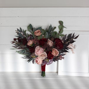 Deep burgundy dusty rose bouquet - size 17&quot; Bridal bouquet Vine faux bouquet  Wedding flowers Faux blooms Boho wedding