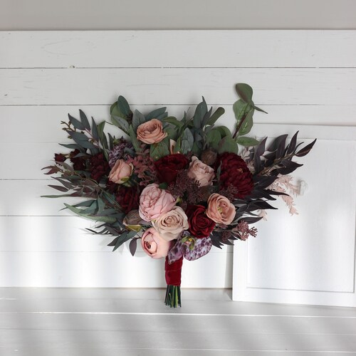 Deep Burgundy Blush Pink Bridal Bouquet Vine Faux Bouquet Etsy