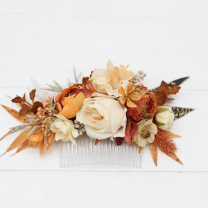 Rust ivory flowers  Fall wedding Feathers accessories Boho wedding Flower comb Floral hairpiece