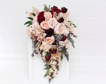 Burgundy blush pink wedding Cascading bouquet Dusty pink red flowers Faux bouquet Bridal bouquet Boho wedding Bridesmaid bouquet