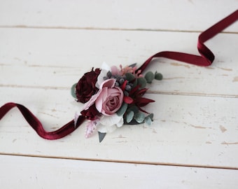 Wrist corsage Burgundy wedding - Pink peonies Red roses accessories Bridesmaid flowers Bridal flowers Fall wedding