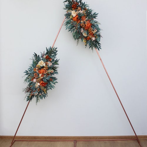 One Burnt orange flower arch arrangement Boho wedding Wedding flowers Wedding corner swag Faux flowers wedding arrangement shops