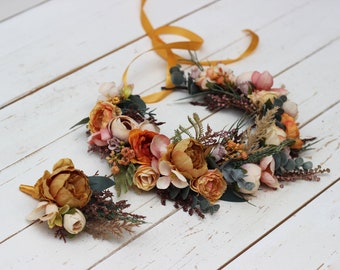 Rust dusty orange floral crown Flower wreath Wedding headpiece Burgundy wedding Bridal hairpiece Bridesmaid crown Maternity crown