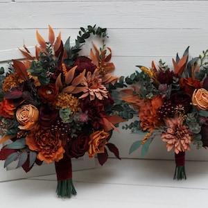 Rust burgundy cinnamon orange flowers Bridal bouquet Faux bouquet Fall wedding  Boho wedding Silk flowers -size 14 inch