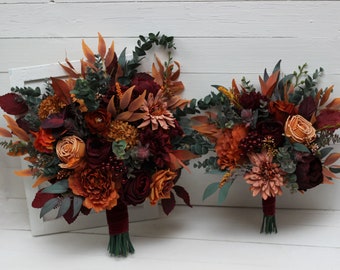 Rust burgundy cinnamon orange flowers Bridal bouquet Faux bouquet Fall wedding  Boho wedding Silk flowers -size 14 inch