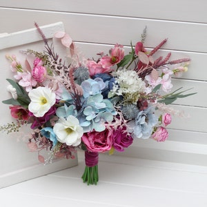 Wildflowers bouquet Spring summer wedding  flowers Dusty blue white magenta bouquet Faux blooms Hot pink bridal bouquet