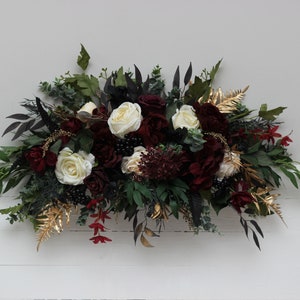 Burgundy black gold ivory flowers Fall wedding Flower arch arrangement Archway Pergola flowers Arbor flowers